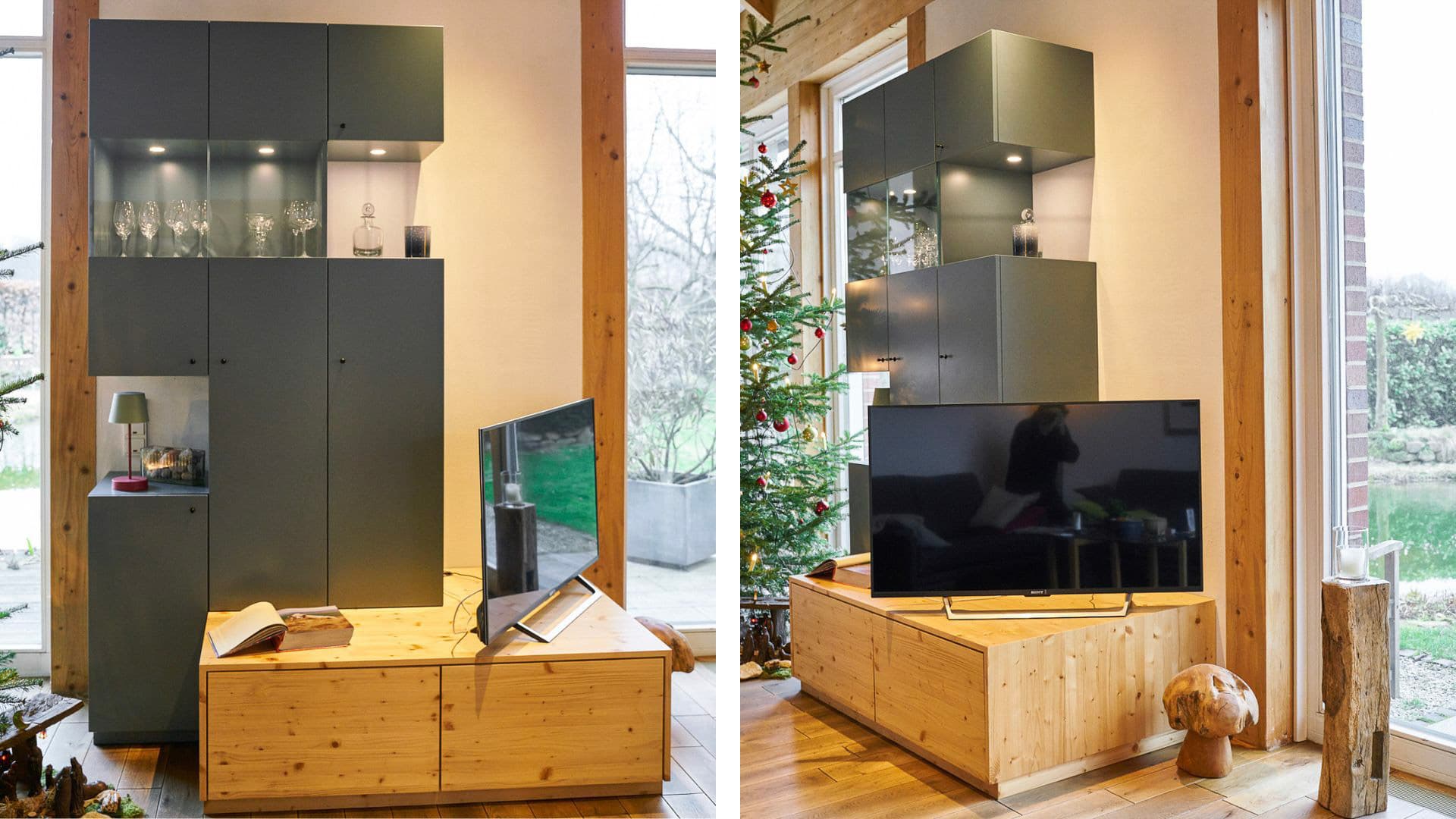 TV Wand mit Eichenholz